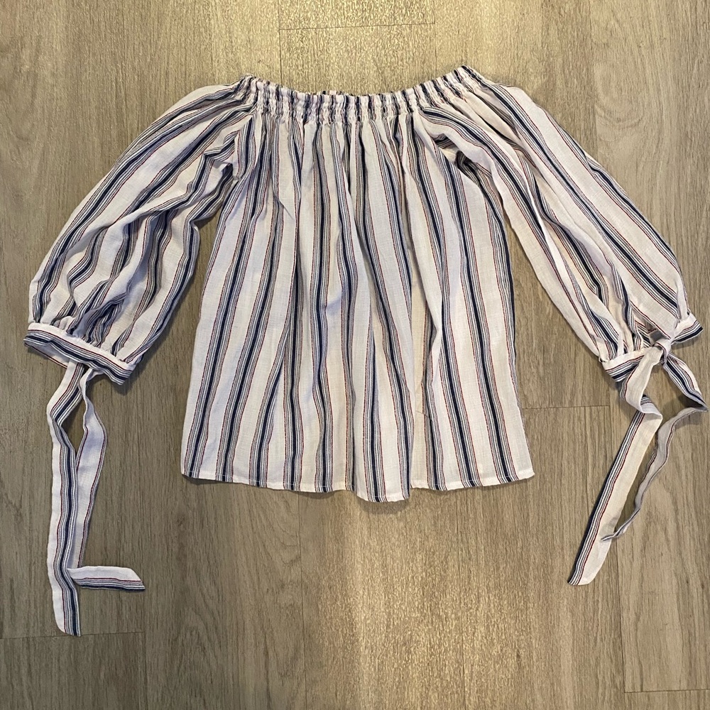 Striped Blue Off Shoulder Crop Top with Knotted Tie on Sleeves